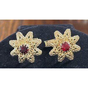 Gold Tone Filigree Floral Flower‎ Cufflinks Red Rhinestone